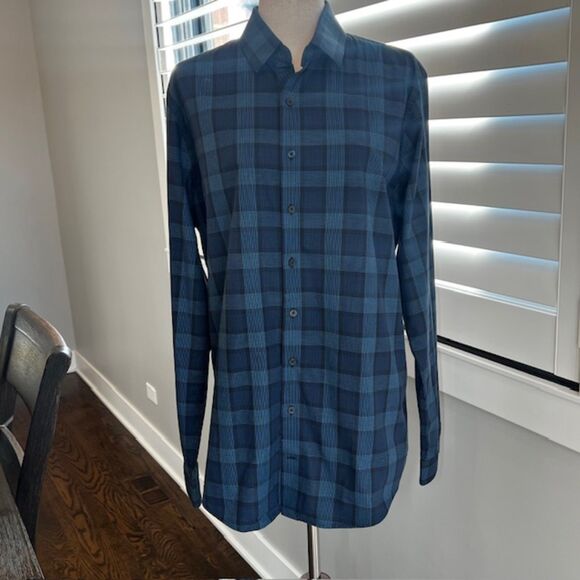EXPRESS Men's Blue Plaid Cotton Slim Button Down Dress Shirt Size L Tall - Picture 8 of 9